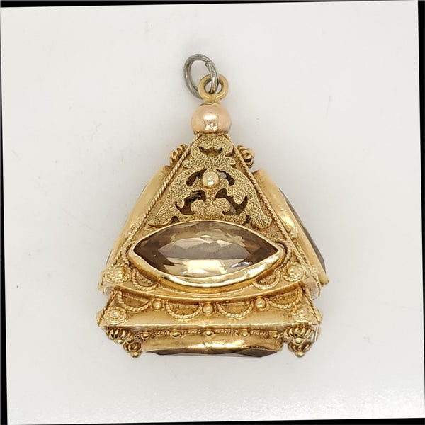 Vintage 18kt Yellow Gold Etruscan Revial Fob Pendant with Citrine