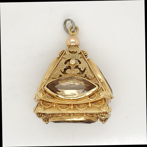 Vintage 18kt Yellow Gold Etruscan Revial Fob Pendant with Citrine