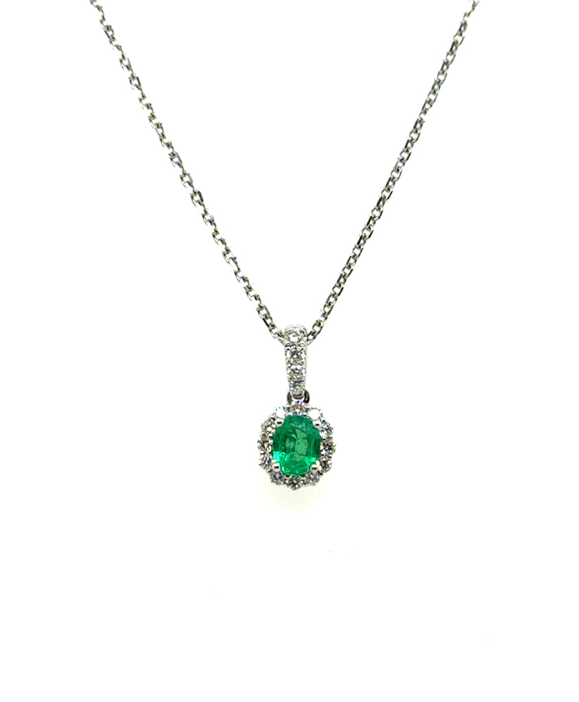 0.41 Ctw 18Kt/14Kt White Gold Oval Emerald And Diamond Halo Pendant