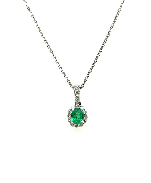 0.41 Ctw 18Kt/14Kt White Gold Oval Emerald And Diamond Halo Pendant