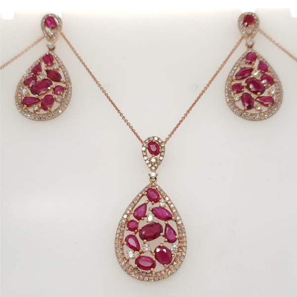 14kt Rose Gold Ruby and Diamond Pendant and Earring Suite