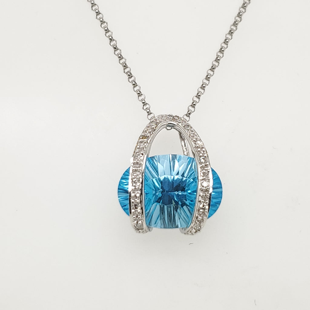 14kt White Gold Blue Topaz and Diamond Pendant Necklace