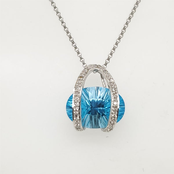 14kt White Gold Blue Topaz and Diamond Pendant Necklace