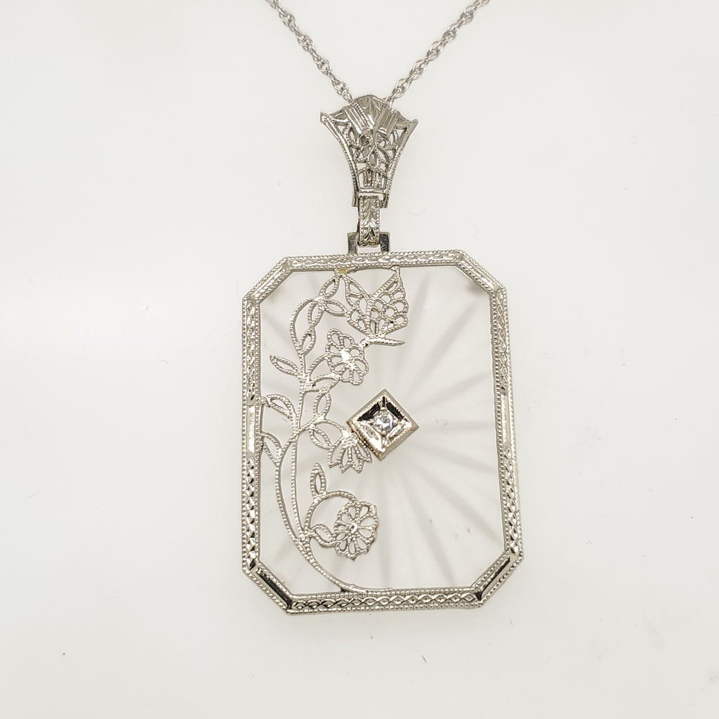 Art Deco 14kt White Gold Camphor Glass and Diamond Pendant Neckalce