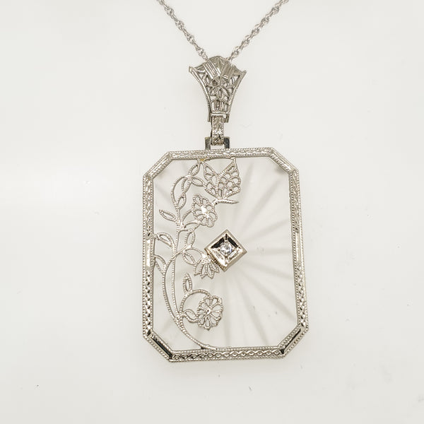 Art Deco 14kt White Gold Camphor Glass and Diamond Pendant Neckalce