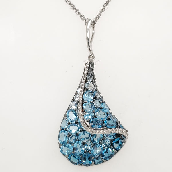 14kt White Gold Blue Topaz and Diamond Pendant Necklace