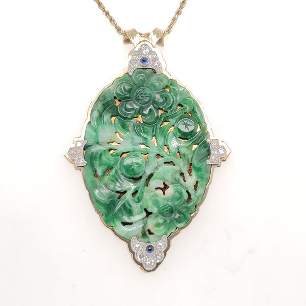 Art Deco 14kt Yellow Gold Jade Pendant Necklace With Diamonds and Sapphires