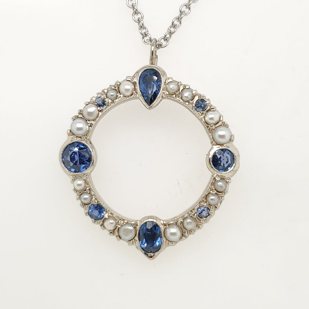 Vintage 14kt White Gold sapphire and Pearl Pendant Necklace