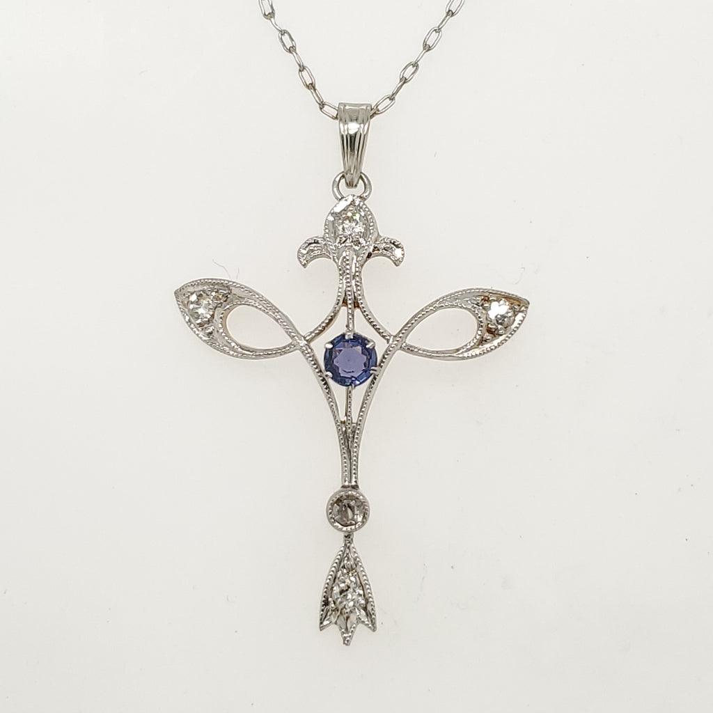 Antique Edwardian Platinum on Gold Sapphire and Diamond Pendant Necklace