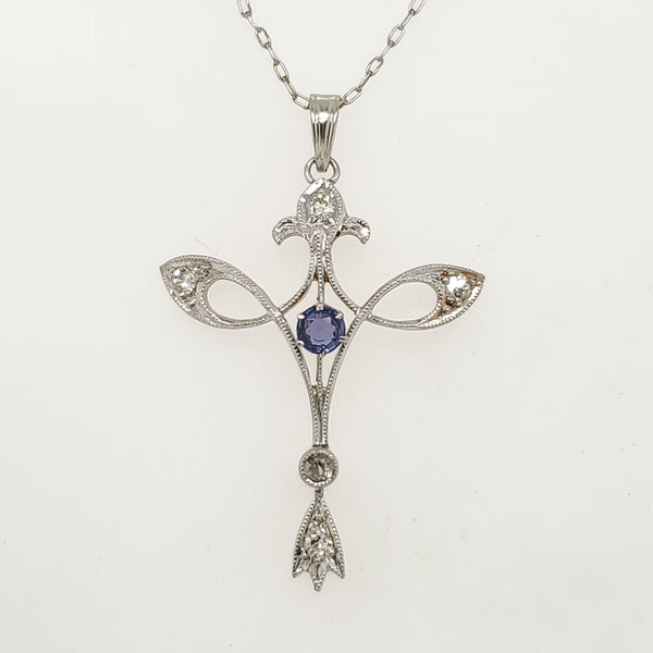 Antique Edwardian Platinum on Gold Sapphire and Diamond Pendant Necklace