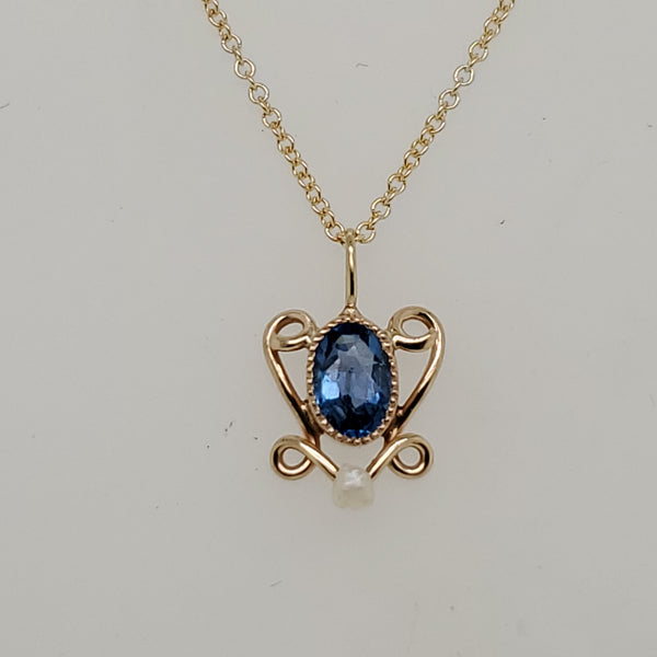 Art Deco 14kt Yellow Gold Blue Topaz Lavalier Pendant Necklace