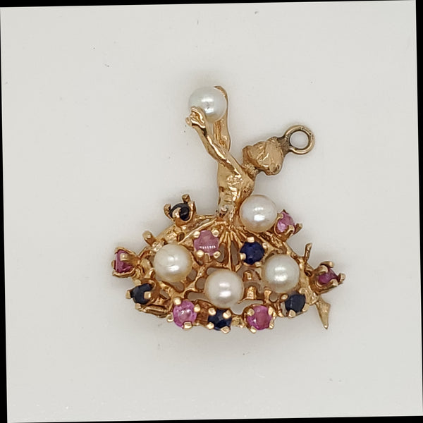 Vintage 14kt Yellow Gold Pearl Sapphire and Ruby Ballerina Charm or Pendant