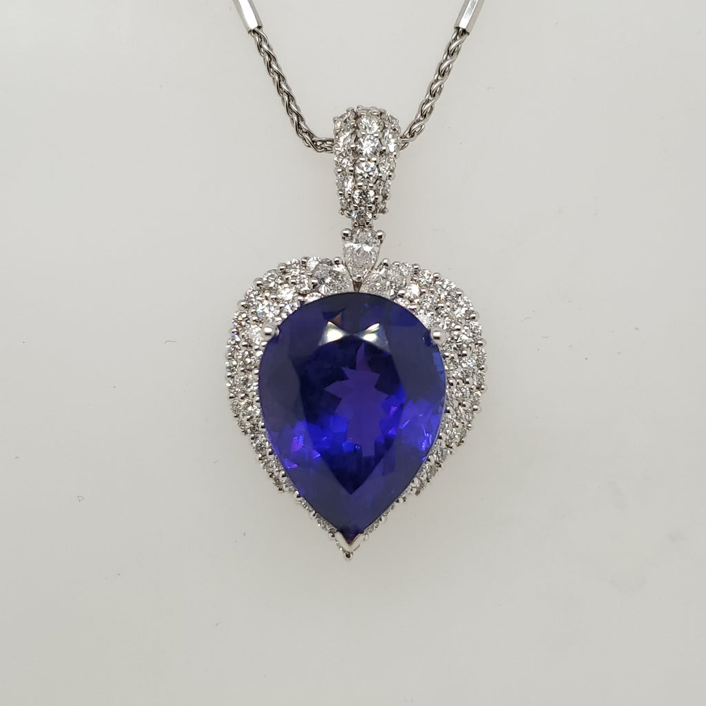14kt White Gold 24.48 Carat Pear Shaped Tanzanite Pendant With Diamonds