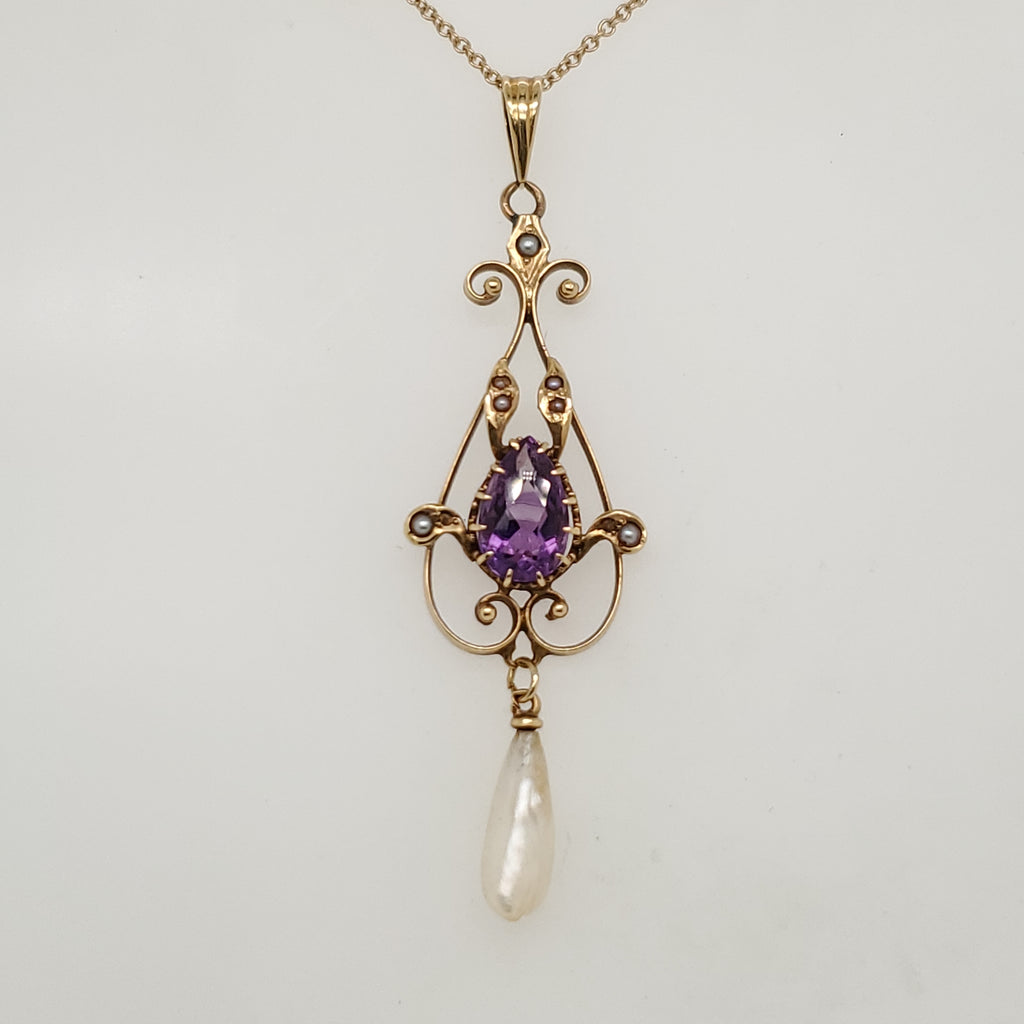 Antique Victorian Amethyst and Pearl Lavalier Pendant Necklace