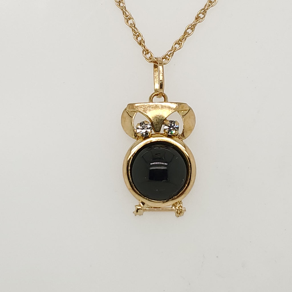 14kt Yellow Gold Onyx and Diamond Owl Pendant Necklace