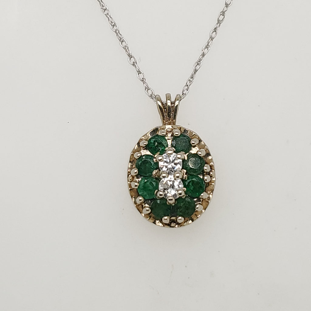 Vintage 14kt White Gold Diamond and Emerald Pendant Necklace