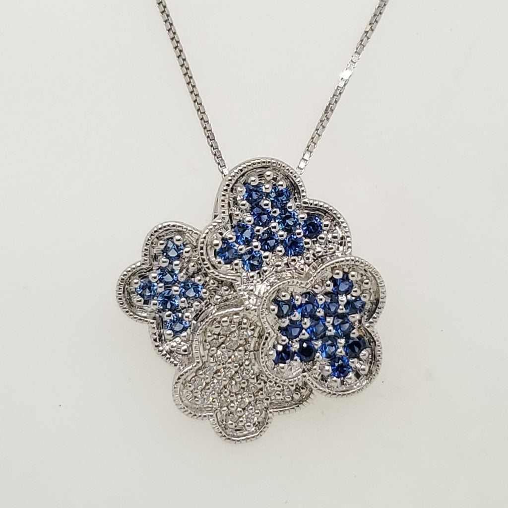 14kt White Gold Blue Sapphire and Diamond Flower Pendant Necklace