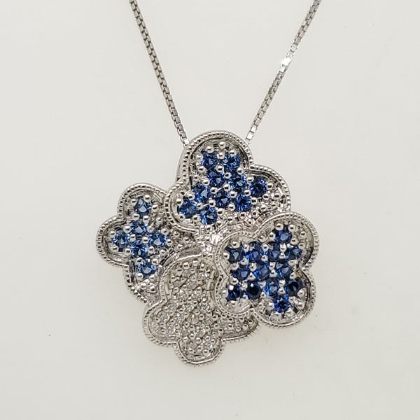 14kt White Gold Blue Sapphire and Diamond Flower Pendant Necklace