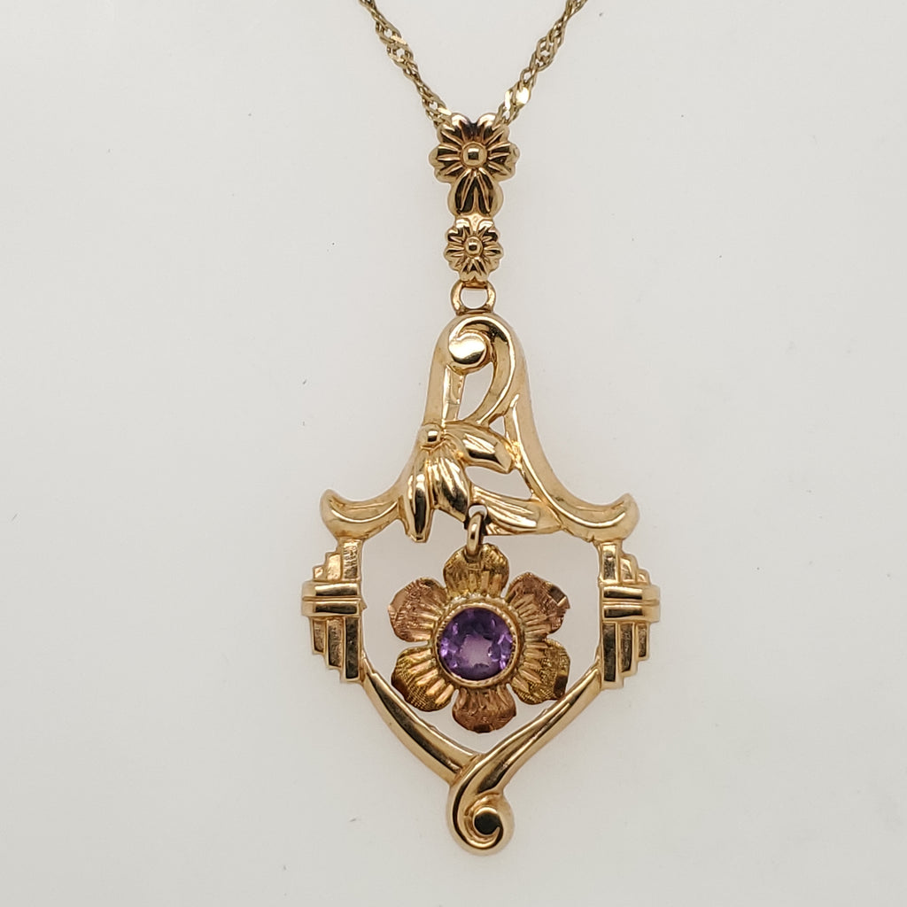 Antique Victorian 14kt Yellow Gold Amethyst Lavalier Pendant Necklace