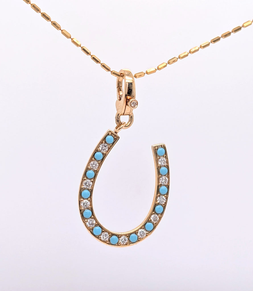 14K Yellow Gold Alternating Diamond and Turquoise Horseshoe Charm