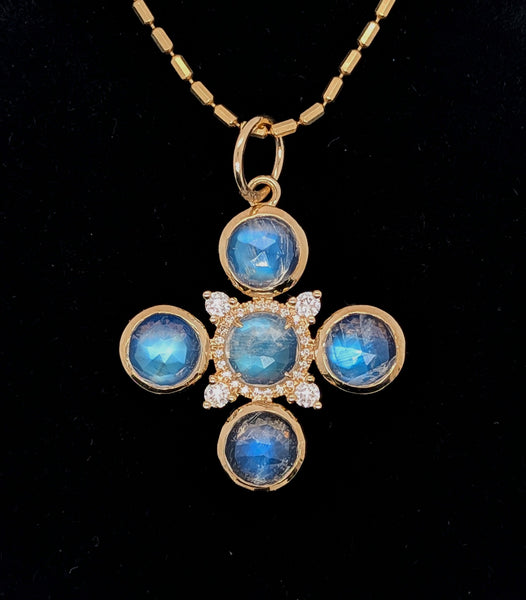 14K Yellow Gold Moonstone and Diamond Cross Pendant