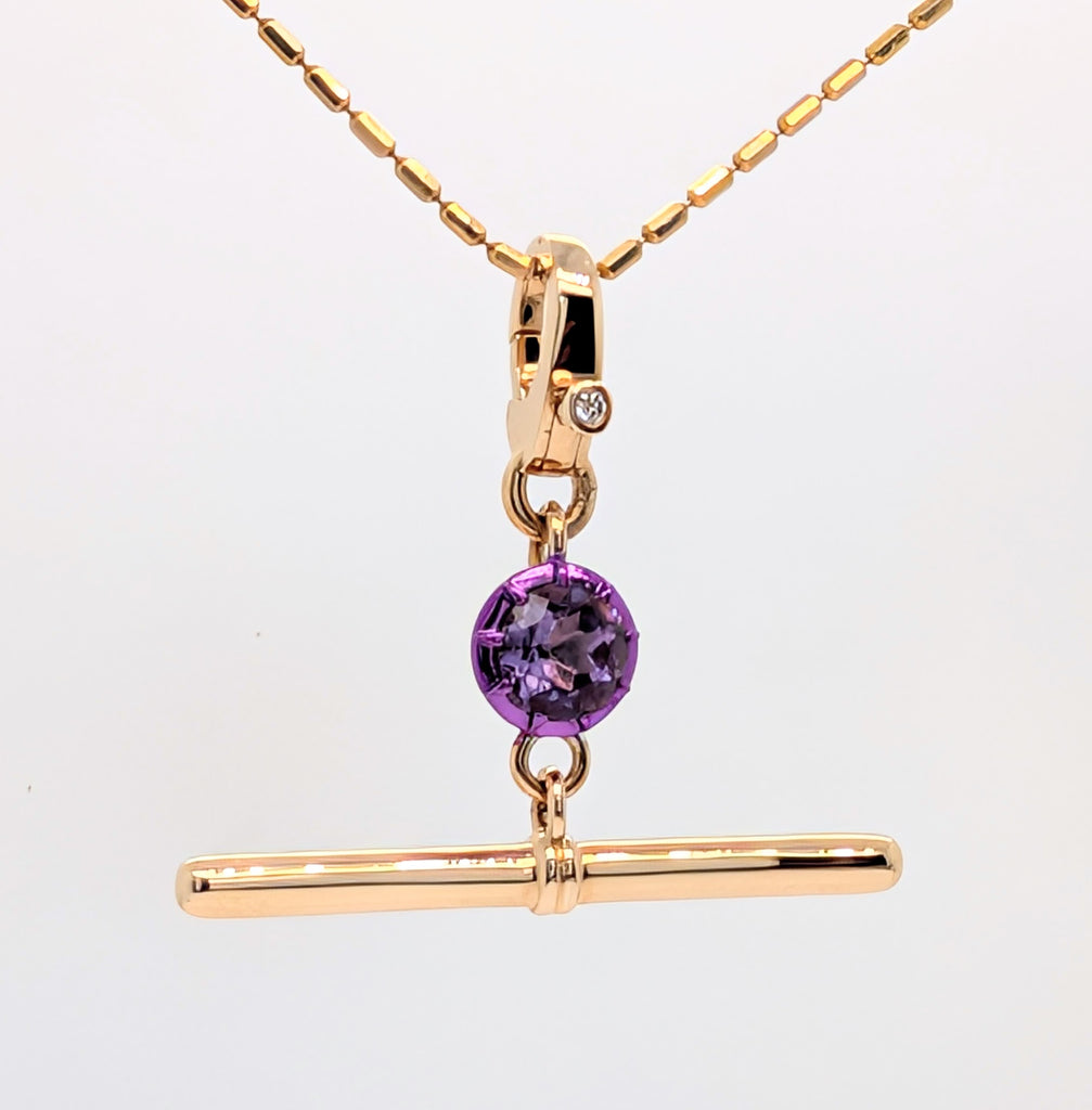 14K Yellow Gold T-Bar Charm with Amethyst in Anodized Prong Setting