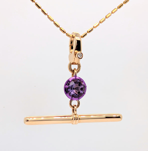 14K Yellow Gold T-Bar Charm with Amethyst in Anodized Prong Setting