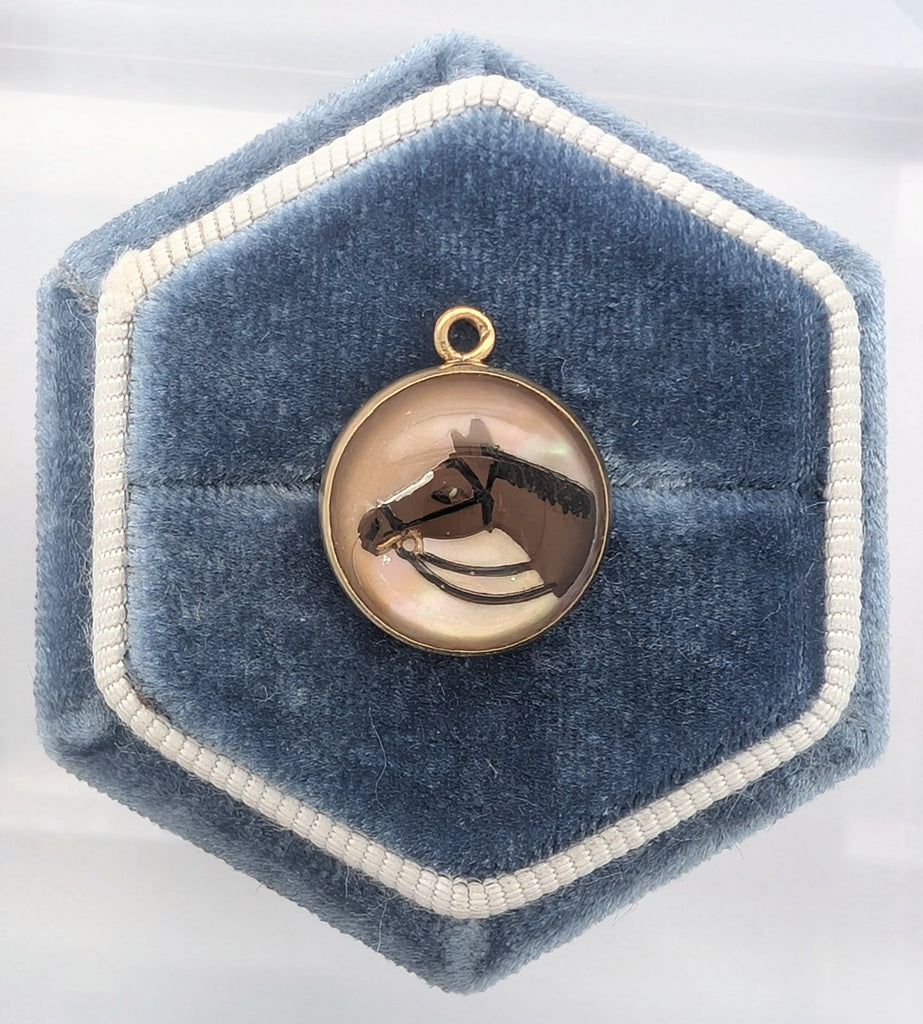 14K Yellow Gold Vintage Equestrian ""Essex Crystal"" Quartz and Mother-of-Pearl Charm