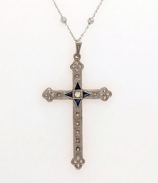 Vintage 1930s White and Yellow Gold Diamond and Sapphire Cross Pendant