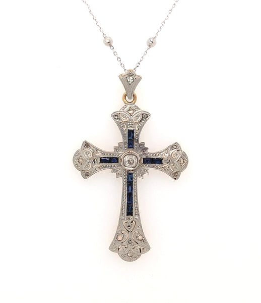 Vintage White and Yellow Gold Diamond and Sapphire Cross Pendant
