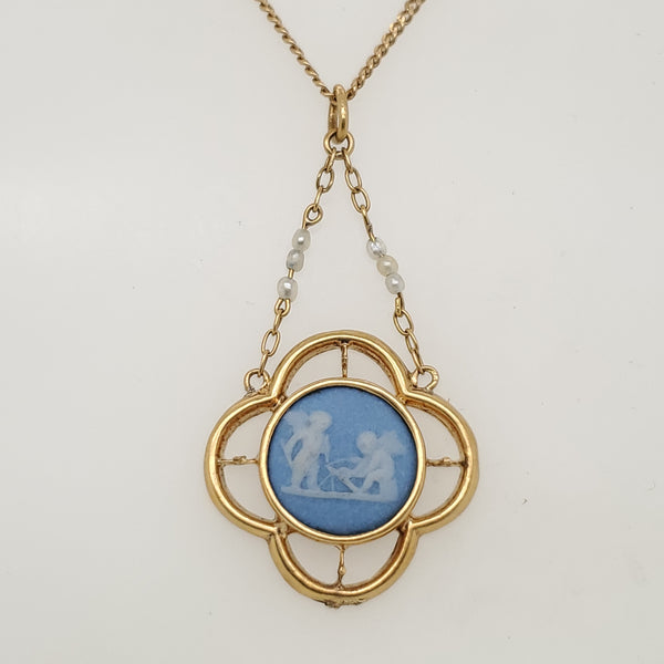 Vintage 14kt Yellow Gold WedgewoodPendant with Pearls