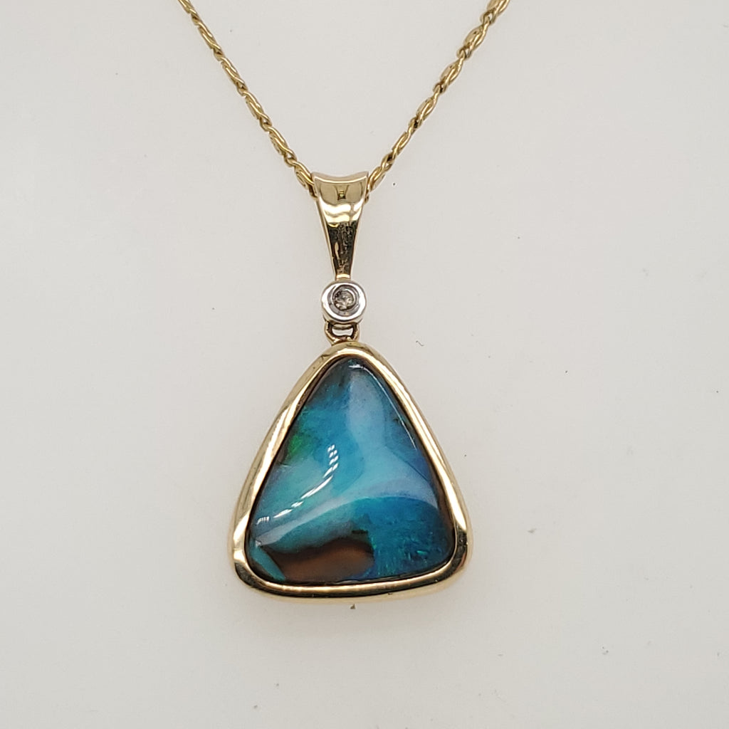 14Kt Yellow Gold Boulder Opal and Diamond Pendant Necklace