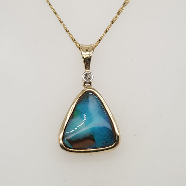 14Kt Yellow Gold Boulder Opal and Diamond Pendant Necklace