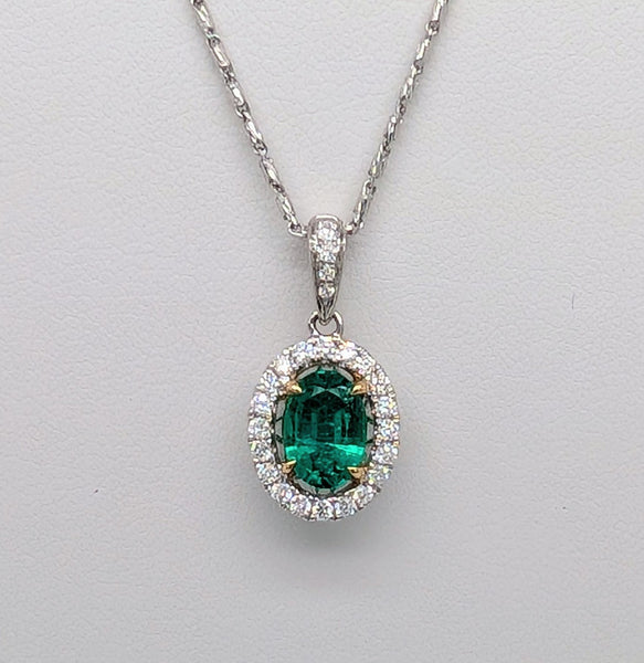 14K White Gold Oval Cut Emerald Pendant with Diamond Halo