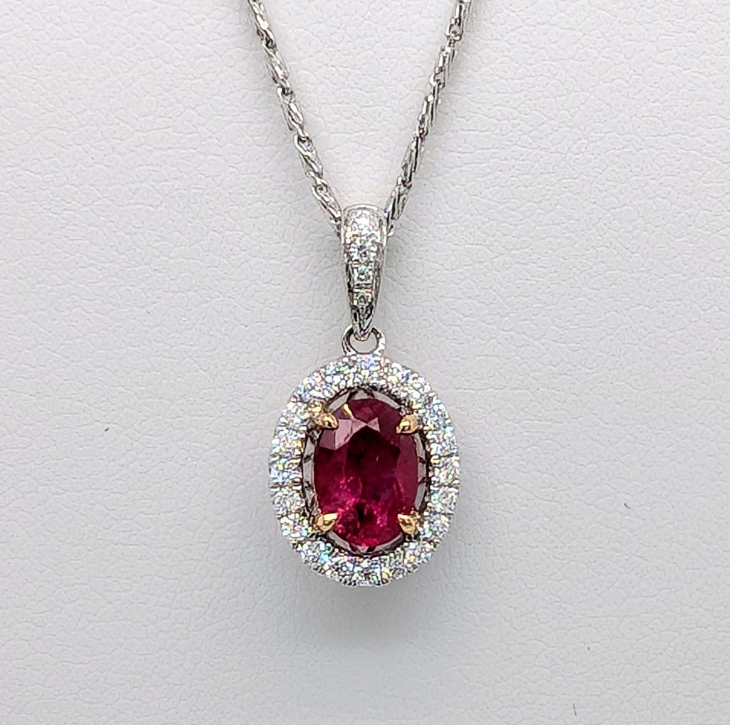 14K White Gold Oval Cut Ruby Pendant with Diamond Halo