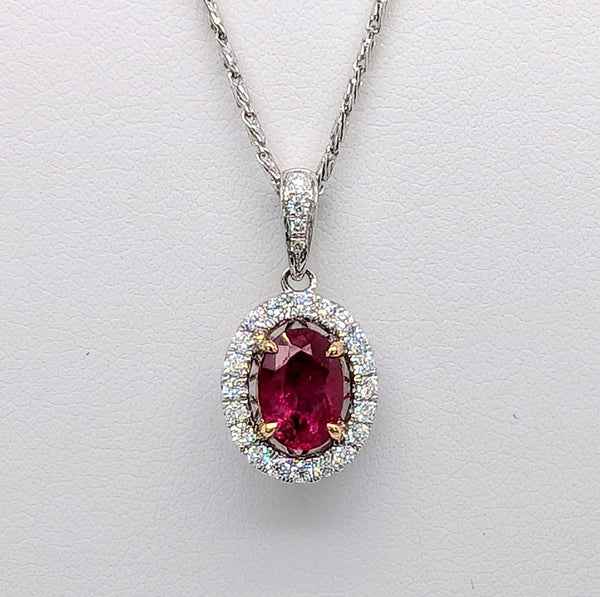 14K White Gold Oval Cut Ruby Pendant with Diamond Halo