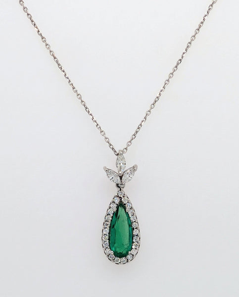 18K White Gold Pear Cut Emerald and Diamond Halo Pendant Necklace