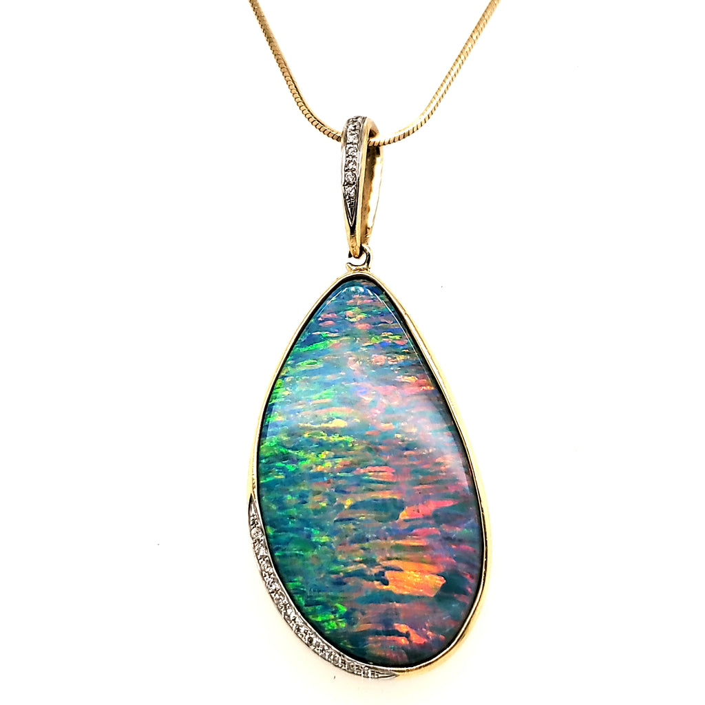 14Kt Yellow Gold Boulder Opal and Diamond Pendant Necklace