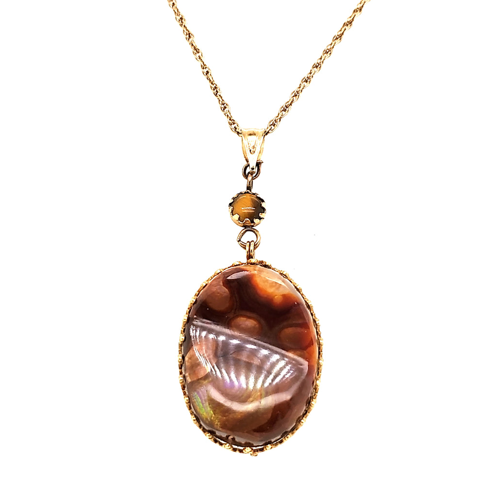 Vintage 14kt Yellow Gold  Fire Agate and Cats Eye Pendant Necklace