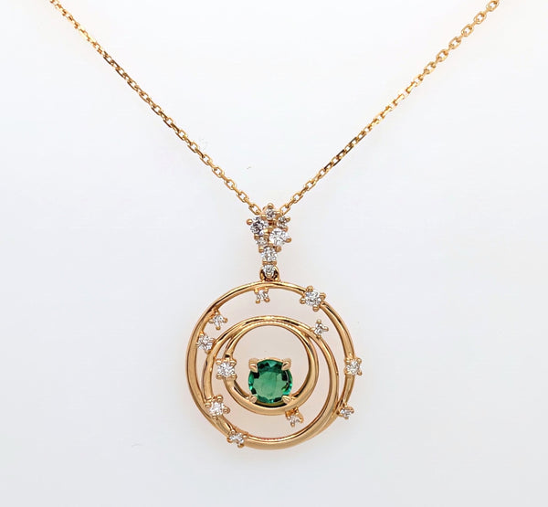 14K Yellow Gold Emerald and Diamond Circle Pendant