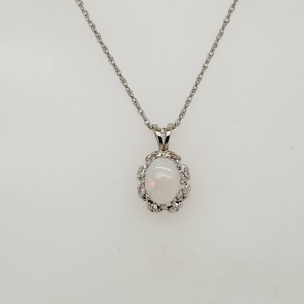 14kt White Gold Opal and Diamond Pendant Necklace