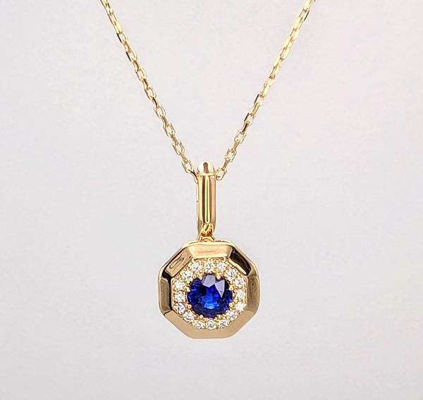 14K Yellow Gold Sapphire and Diamond Hexagonal Pendant Necklace