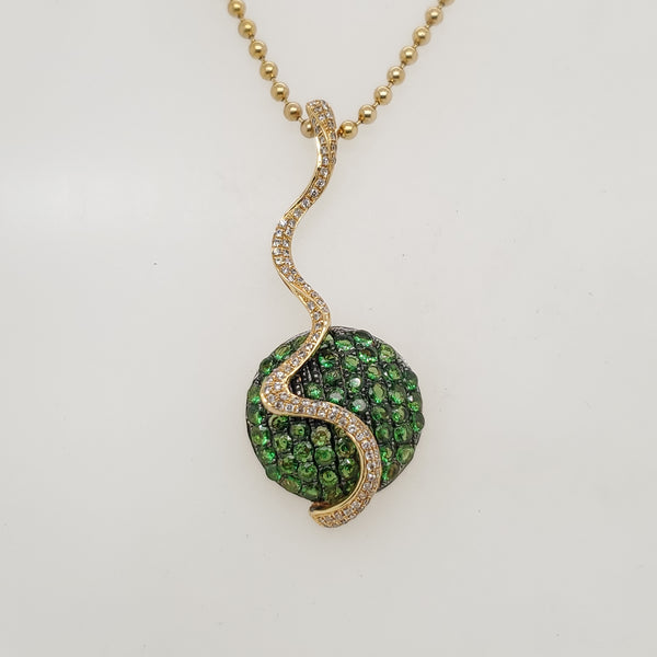 18kt Yellow Gold Tsavorite Garnet and Diamond Snake and Apple Pendant Necklace
