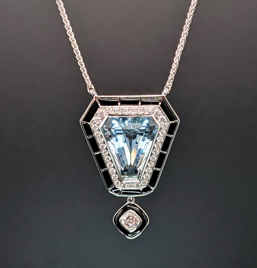 14K White Gold Aquamarine, Onyx, and Diamond Shield Pendant Necklace