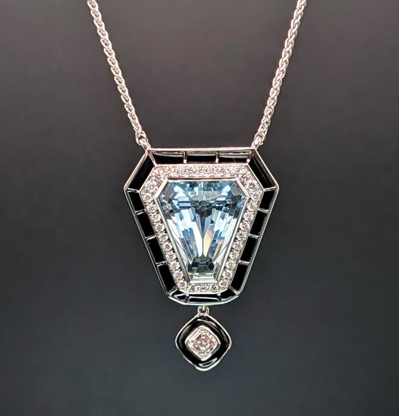 14K White Gold Aquamarine, Onyx, and Diamond Shield Pendant Necklace