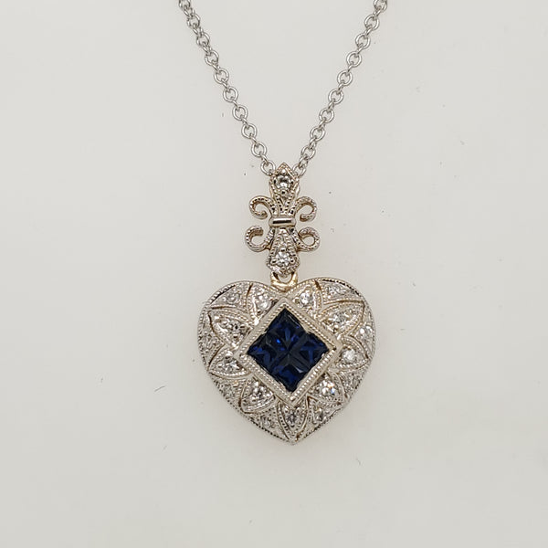 14kt White Gold Sapphire and Diamond Heart Pendant Necklace