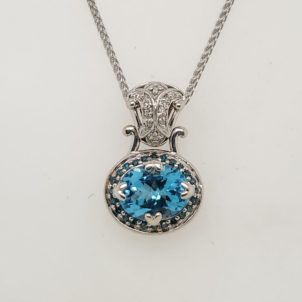 14kt White Gold Blue Topaz and Diamond Pendant Necklace