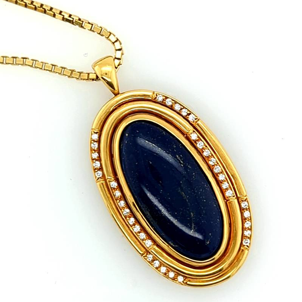 Vintage 18kt Yellow Gold Lapis and Diamond Pendant Necklace