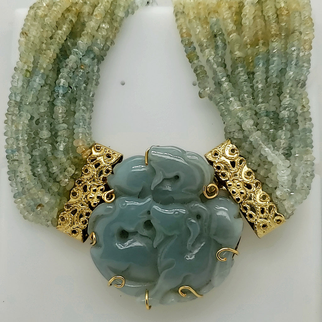 18kt yellow Gold Carved Jadeite Jade and Beryl Bead Necklace