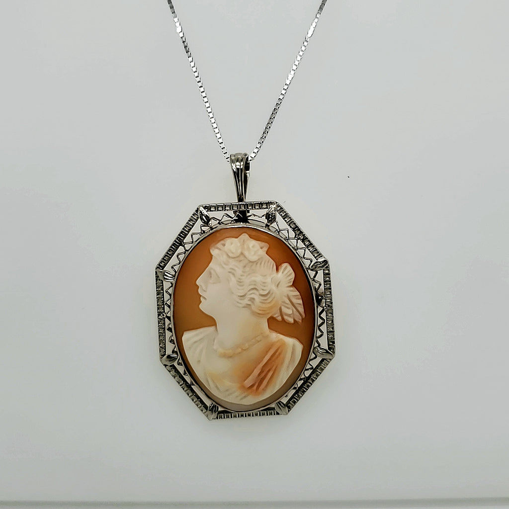 Vintage 14kt White gold Filigree Cameo Necklace/Brooch